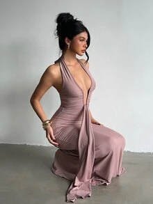Nuvra Women's 2-In-1 Halter Neck Tie Strap Tummy Control Butt Lift Waist Shaping Body Sculpting Long Dress - Brown - View 10