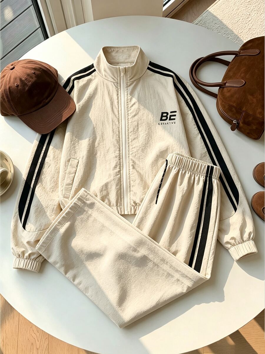 SHEIN 兩件式時尚休閒黑色立領夾克與長褲套裝,適合大女孩 - 卡其色 - 查看 1