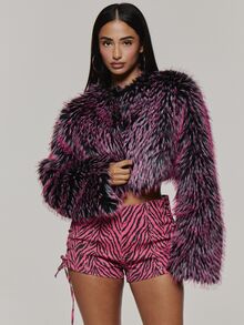 MUSERA Pink Contrast Faux Fur Oversized Cropped Jacket Autumn Fall Winter Coolgirl Rave Festival Halloween Ultra M - Multicolor - View 2