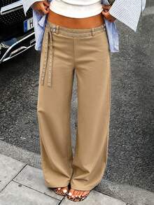Avenya Low Waist Rivet & Ribbon Decor Wide Leg Pants, Slimming Drape, Casual Daily Commute - Khaki - View 1