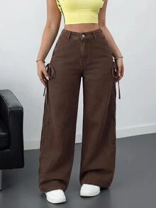 SHEIN ICON 女款休閒寬鬆蝴蝶結牛仔褲 - 棕色 - 查看 7