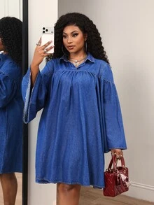 Slaydiva Plus Size Women's Collared Long Sleeve Ruched Casual Denim Dress - Blue - View 6
