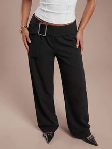 Avantive Women's Waist Buckle Design Straight Leg Loose Fit Long Pants Office Work Business Black Fall Casual - Black - View 5