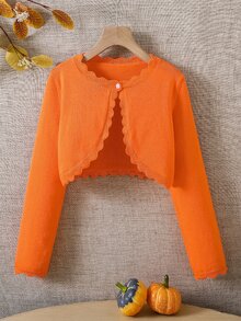 SHEIN Elladie kids 青少年女孩純色休閒百搭日常穿著開襟衫 - 橘色 - 查看 1