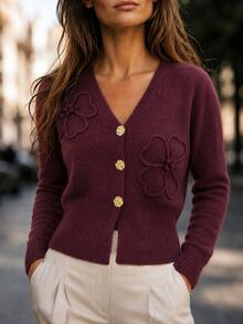 SHEIN كارديجان محبوك بأكمام طويلة بتصميم أنيق وقصة ضيقة - الأحمر - مشاهدة 5