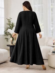 Lacomfia Women's Square Neck Long Sleeve Lace Contrast Color Bow Elegant Design High-End Textured Jacquard Solid Color Autumn/Winter Plus Size Dress - Black - View 2