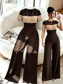 Elenzga 女款秋季服飾 優雅通勤色塊拼接修身連身褲 - 咖啡棕 - 查看 1