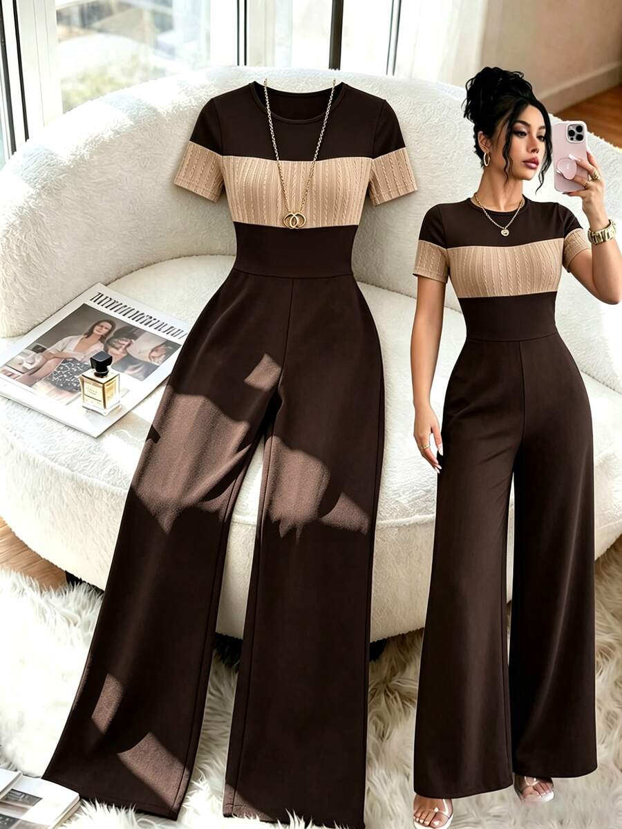 Elenzga 女款秋季服飾 優雅通勤色塊拼接修身連身褲 - 咖啡棕 - 查看 1