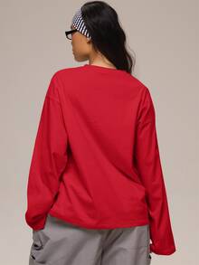 MUSERA 白色圖案 Logo 細節長袖上衣 冬季休閒日常舒適穿搭 女款 - 紅色 - 查看 4