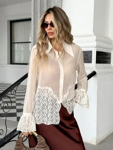Pariaura European And American Style Autumn/Winter New Fashion Versatile Solid Color Chiffon Contrast Lace Decor Elegant Commute Design Long Sleeve Blouse - Beige - View 1