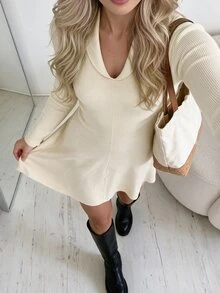 Easowa Women's Solid Color Casual Daily Knit Dress - Apricot - View 4