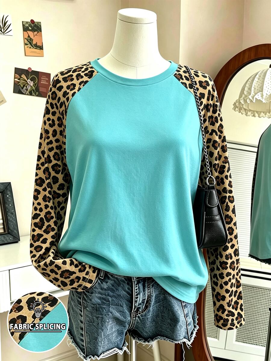Lalippa Women's Round Neck Raglan Leopard Print Colorblock Casual Everyday Long Sleeve T-Shirt - Multicolor - View 1
