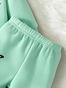 SHEIN 女嬰 2件套趣味蝴蝶與字母印花極簡風抓絨內裡連帽長袖衛衣與長褲，秋冬款 - 彩色 - 查看 3