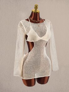Amplova 2pcs Women's Knit Triangle Cup Backless Cutout Fitted Long Sleeve Tie Bow Set - Apricot - View 2