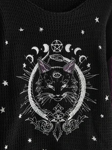 ROMWE Autumn/Winter Dark Gothic Halloween Day Of The Dead Black Cat Cross Star Moon Yin Yang Contrast Color Crew Neck Pullover Sweater - Black - View 3