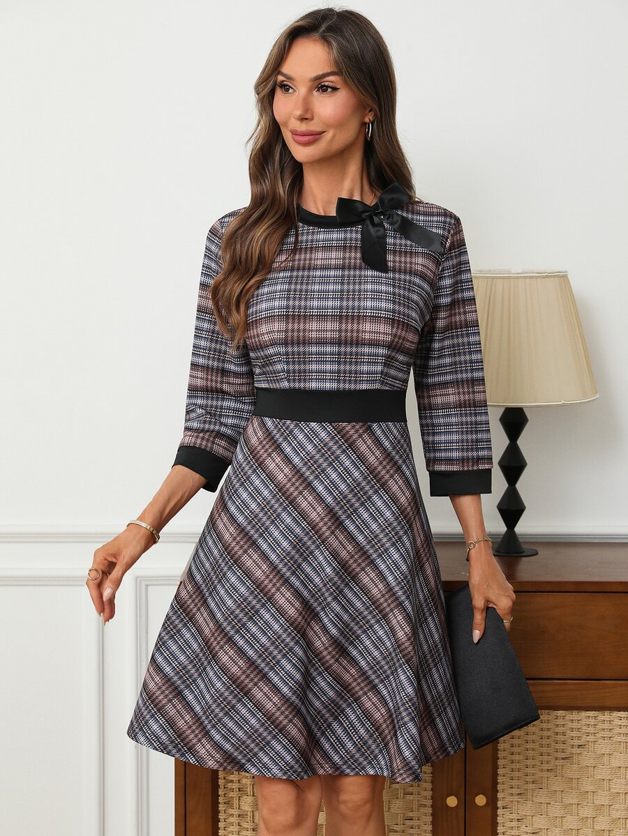 EMERY ROSE Plaid Tweed A-Line Dress With Bow Detail & Contrast Trim, Round Neck 3/4 Sleeve Fit & Flare Mini Dress For Work Fall - Multicolor - View 1