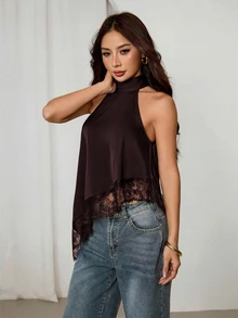 SHEIN PETITE 不對稱高領掛脖上衣，蕾絲飾邊，晚宴派對雞尾酒會正式優雅無袖款 - 紫紅色 - 查看 9