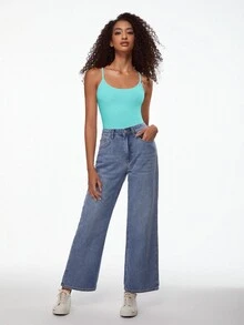 SHEIN BASICS 1件女款純色修身休閒細肩帶背心上衣 白色上衣 - 薄荷綠 - 查看 5