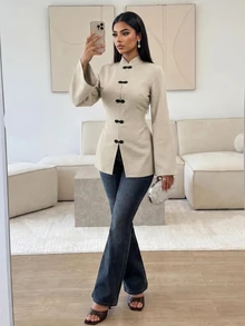 Veilorie Women's Long Sleeve Arabic Style Top With Frog Button Design - Khaki - View 4