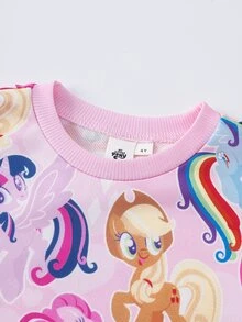 My Little Pony X SHEIN طقم بلوزة رياضية بأكمام طويلة مطبوعة برسومات كرتونية وبنطال واسع للفتيات الصغيرات - وردي - مشاهدة 3