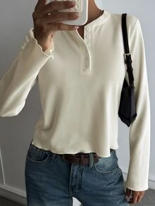 Livesso 女款白色圓領短袖純色寬鬆休閒落肩百搭萬能T恤，秋季 - 白色 - 查看 5