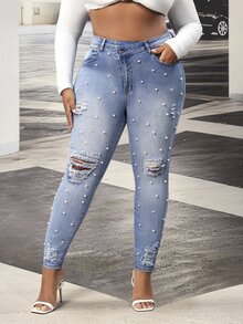 Slaydiva Cowgirl Outfit Plus Size Women's Blue Stretch Sexy Ripped Asymmetric Waist Skinny Jeans - Light Wash - View 5
