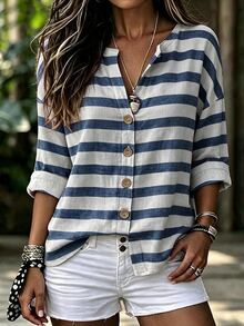 Breezaya Women's Striped Casual Daily Long Sleeve Shirt - Multicolor - View 1