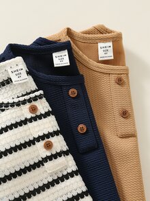 SHEIN 3件組兒童小男孩秋冬針織條紋T恤上衣 基本款多件裝小男孩T恤 秋冬上衣 - 彩色 - 查看 5