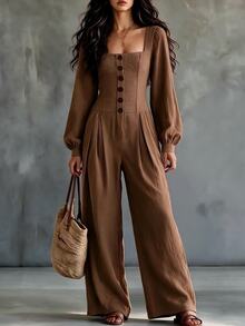 Trelyra Women's Solid Color Pocket Pleated Casual Everyday Jumpsuit - Khaki - View 3