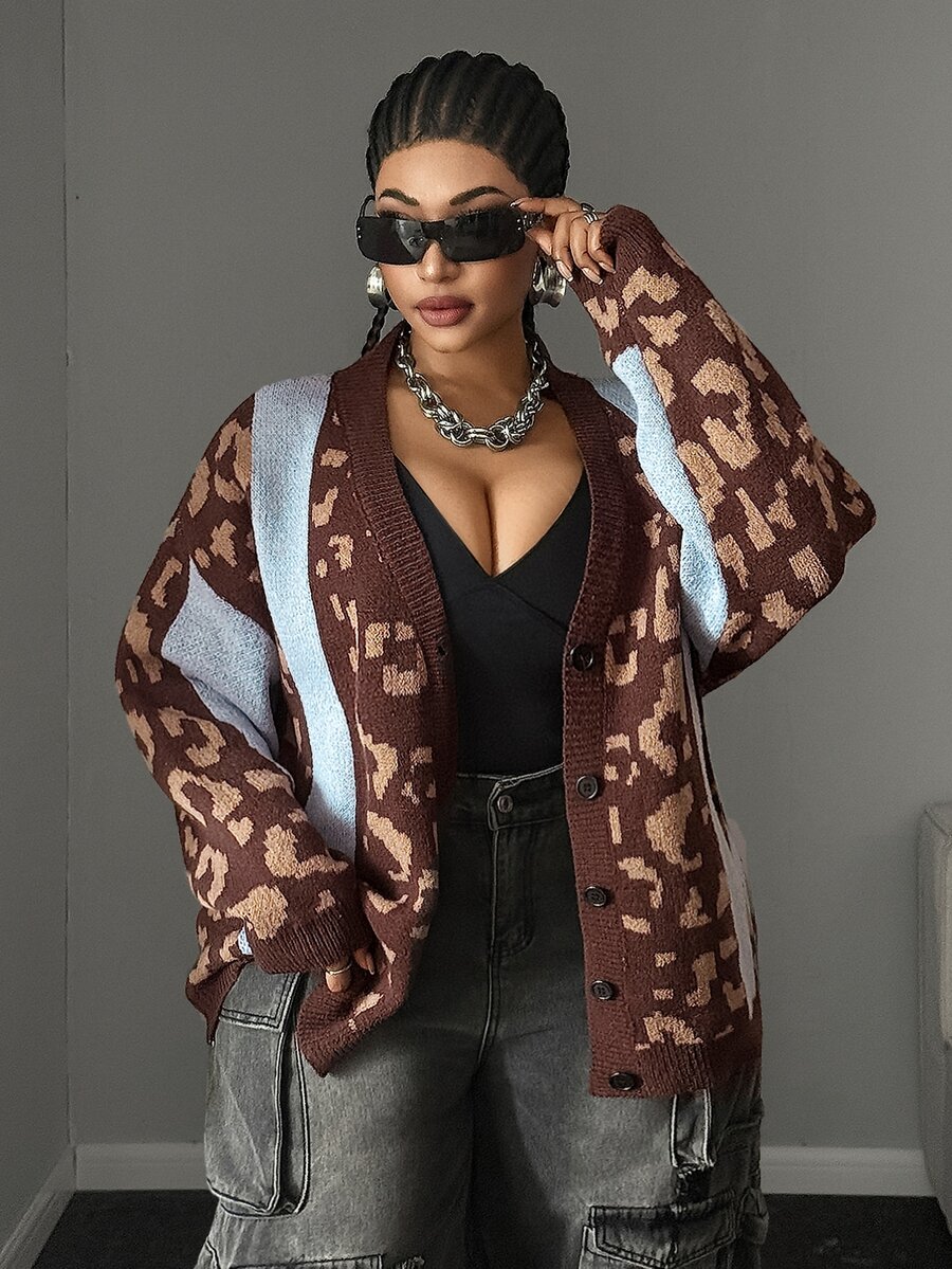 Maweii Cardigan Rajut Lengan Panjang Kancing Tunggal Motif Leopard Blok Warna untuk Wanita Ukuran Plus - Biru - View 1