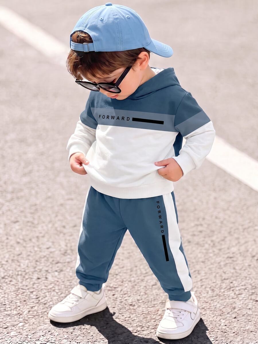 Young Boys Casual Minimalist Loose Fit Sports Hoodie & Pants 2 Pieces Set, Long Sleeve, Suitable For Autumn/Winter, Classic Retro Color Block Graphic Print, Classic Text Logo Print, Suitable For Sports - Multicolor - View 1