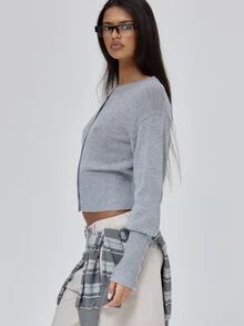 MUSERA Grey Knit Button Down Long Sleeve Cardigan Top Fall Autumn Winter Coolgirl Back To School Blancs - Grey - View 4