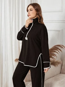 Modelyn 女款秋冬黑色立領半拉鍊字母貼布運動衫，寬鬆休閒 2 件套，秋冬正式休閒款 - 咖啡棕 - 查看 6