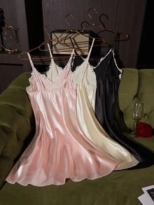 SilkySpell Women's Sexy Faux Silk Lace V-Neck Camisole Nightgown 3-Color Set - Multicolor - View 2