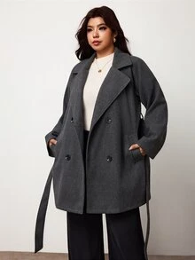 Enliva Plus Size Women's Belted Trench Coat Double Breasted Notched Lapel Mid Length Outerwear Flattering Compatible With Apple Shape Rounded Body - Dark Grey - View 7