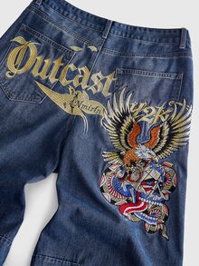 ROMWE MEN Street Life Men's Embroidered Pattern Loose Fit Denim Jeans - Blue - View 2