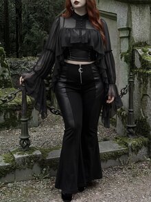 Whyspr Gothic Cold Elegant Ascetic Style Lightweight Sheer Chiffon Stand Collar Blouse, Double Layer Hollow Back Multi-Layer Ruffle Hem Long Flared Sleeve Crop Top, Dark Style Semi-See-Through Chiffon Stand Collar Shirt, Hollow Back Small Ruffle Layer Flared Long Sleeve Crop Top - Black - View 7