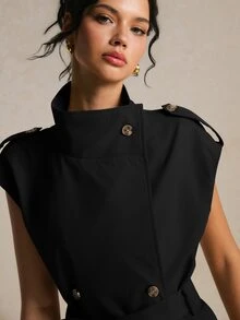 Poéselle 女款純色單排扣立領腰綁帶休閒風衣 - 黑色 - 查看 3