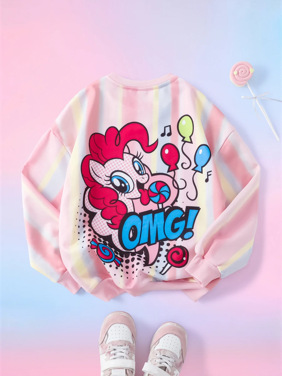 My Little Pony X SHEIN Tween Girl Letter Cartoon Pattern Casual Daily Long Sleeve Sweatshirt - Pink - View 1