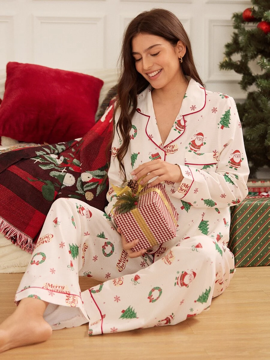 Doze Lane Christmas Themed Cartoon Print Pajamas, Comfortable Lapel Long Sleeve Long Pants Loungewear Set - Apricot - View 1