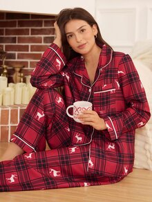 Doze Lane Classic Retro Plaid Christmas Deer Print Collared Loungewear 2 Pieces Set - Red - View 4