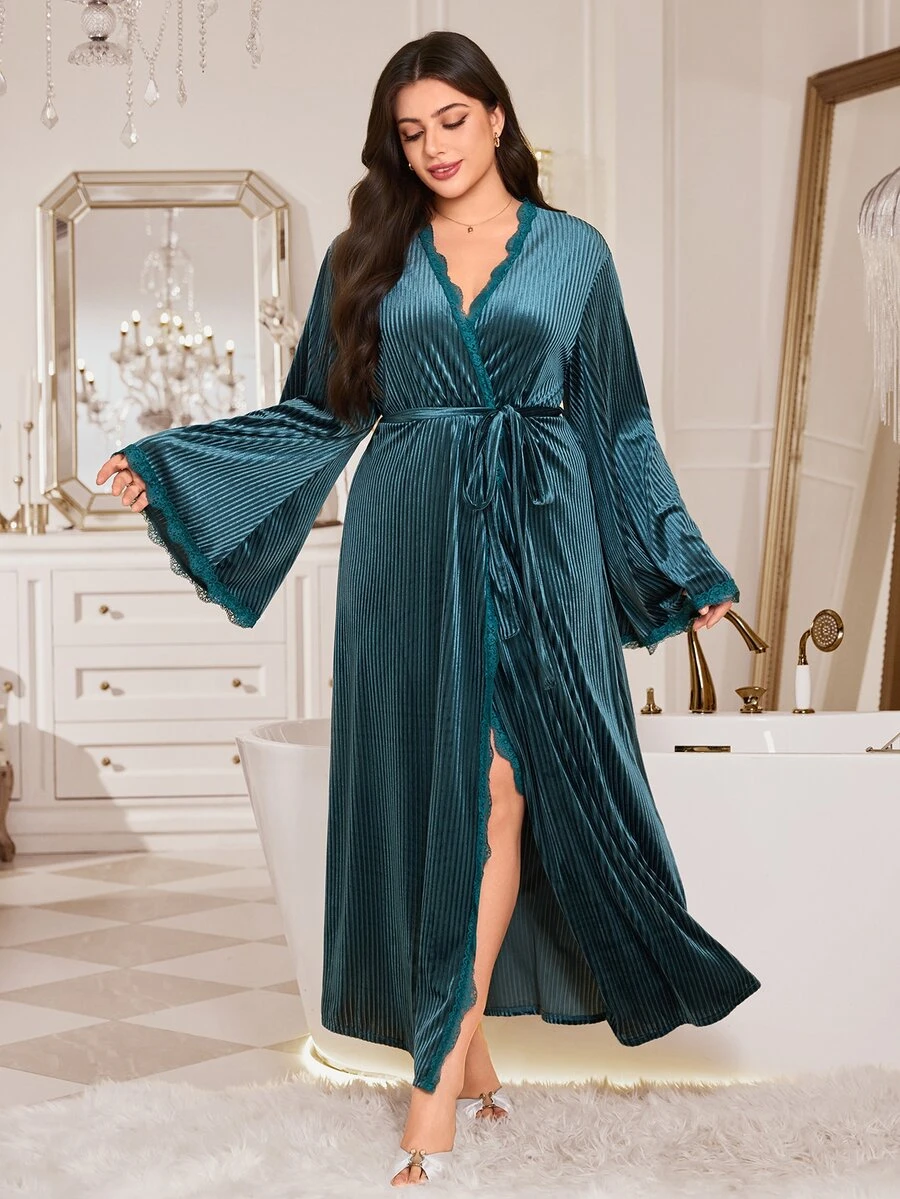 MuseNap CURVE Dark Green Ribbed Velvet Lace V-Neck Tie Long Plus Size Women's Loungewear Bathrobe Morning Robe - Dark Green - View 1