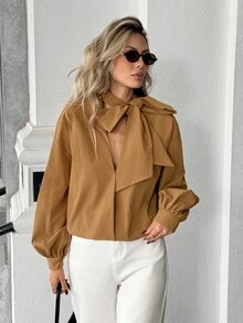 Pariaura European And American Style Autumn/Winter New Fashion Versatile Solid Color Diagonal Stripe V-Neck Tie Loose Elegant Commute Design Long Sleeve Blouse - Coffee Brown - View 7