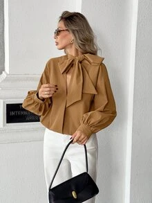 Pariaura European And American Style Autumn/Winter New Fashion Versatile Solid Color Diagonal Stripe V-Neck Tie Loose Elegant Commute Design Long Sleeve Blouse - Coffee Brown - View 4
