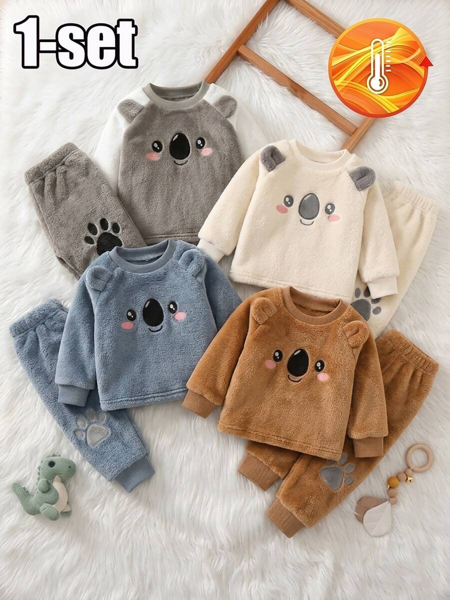 Baby Boy 2 Pieces Double-Sided Fleece Long Sleeve Top And Pants Set With Koala Pattern, Crew Neck, Loungewear - Grey - View 1