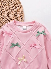 SHEIN Baby Girl Bow Decor Long Sleeve Sweatshirt And Pleated Skirt Cute Set - Pink - View 7