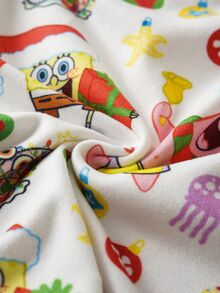SpongeBob SquarePants | SHEIN طقم بيجامة منزلية كاجوال يومية للأطفال الصبيان بطبعة كرتونية، ملابس علوية بأكمام طويلة وبنطال - الأحمر - مشاهدة 8