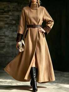 Balvessa Fall Clothes FOR WomenWomen's Contrast Color Raglan Sleeve Elegant Long Overcoat - Brown - View 1