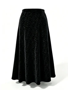 Velvienne Vintage Black Velvet Rose Embossed High Waist Mermaid Long Skirt, Slimming Flared Skirt - Black - View 4