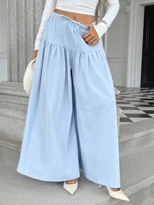 Pariaura New Loose Drape Slimming Casual Versatile Elastic Drawstring Design Slouchy High Waist Wide Leg Pants - Baby Blue - View 4
